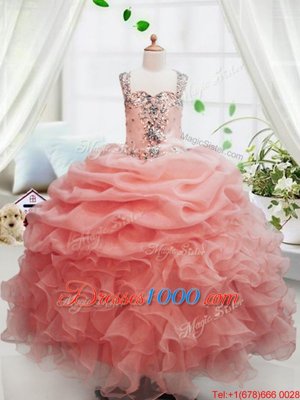 Hot Sale Sleeveless Organza Floor Length Zipper Little Girls Pageant Gowns in Peach for with Beading and Ruffles and Pick Ups
