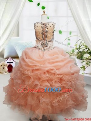 Customized Organza Square Sleeveless Zipper Beading and Ruffles and Pick Ups Pageant Gowns For Girls in Orange