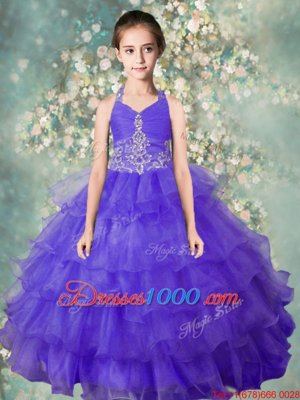 Halter Top Floor Length Blue Little Girl Pageant Dress Organza Sleeveless Beading and Ruffled Layers