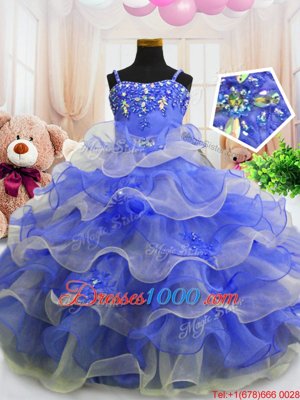 Discount Beading and Ruffled Layers Child Pageant Dress Blue Zipper Sleeveless Floor Length