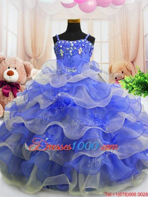 Discount Beading and Ruffled Layers Child Pageant Dress Blue Zipper Sleeveless Floor Length