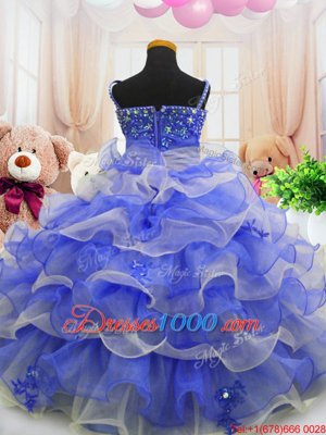 Discount Beading and Ruffled Layers Child Pageant Dress Blue Zipper Sleeveless Floor Length