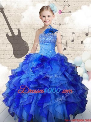 Navy Blue Little Girls Pageant Dress Party and Wedding Party and For with Beading and Ruffles Strapless Sleeveless Lace Up
