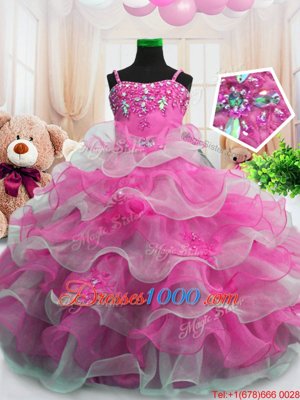Most Popular Ruffled Ball Gowns Little Girls Pageant Dress Wholesale Hot Pink Spaghetti Straps Organza Sleeveless Floor Length Zipper
