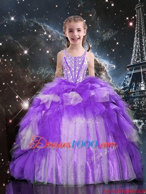 Purple Ball Gowns Organza Spaghetti Straps Sleeveless Beading and Ruffles Floor Length Lace Up Girls Pageant Dresses