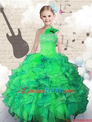 Green Ball Gowns Organza One Shoulder Sleeveless Beading and Ruffles Floor Length Lace Up Girls Pageant Dresses