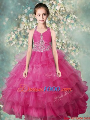 Fancy Rose Pink Zipper Halter Top Beading and Ruffled Layers Kids Pageant Dress Organza Sleeveless