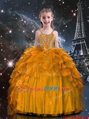 Sleeveless Lace Up Floor Length Beading and Ruffles Party Dress for Toddlers
