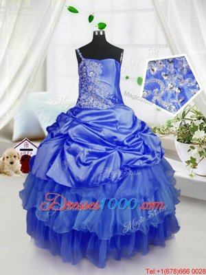 Hot Sale Organza Strapless Sleeveless Lace Up Beading and Ruffled Layers and Pick Ups Party Dress for Toddlers in Royal Blue