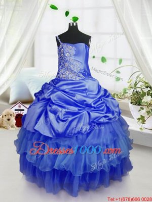 Hot Sale Organza Strapless Sleeveless Lace Up Beading and Ruffled Layers and Pick Ups Party Dress for Toddlers in Royal Blue