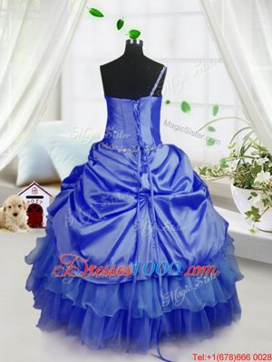 Hot Sale Organza Strapless Sleeveless Lace Up Beading and Ruffled Layers and Pick Ups Party Dress for Toddlers in Royal Blue