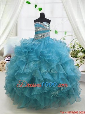 Satin Off The Shoulder Sleeveless Lace Up Beading and Appliques Kids Pageant Dress in Royal Blue