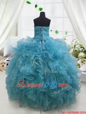 Satin Off The Shoulder Sleeveless Lace Up Beading and Appliques Kids Pageant Dress in Royal Blue