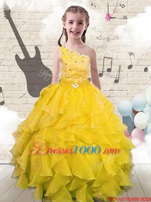 Yellow Lace Up One Shoulder Beading and Ruffles Party Dresses Organza Sleeveless