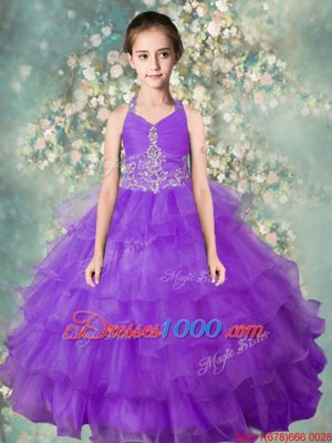 Top Selling Halter Top Lavender Sleeveless Floor Length Beading and Ruffled Layers Zipper Kids Pageant Dress