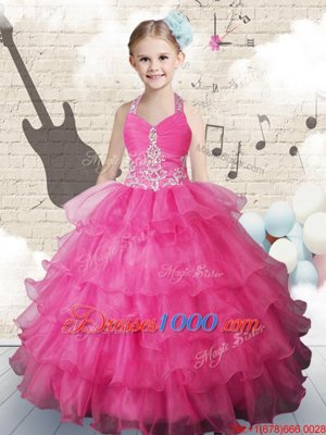 Halter Top Sleeveless Floor Length Beading and Ruffled Layers Lace Up Juniors Party Dress with Hot Pink