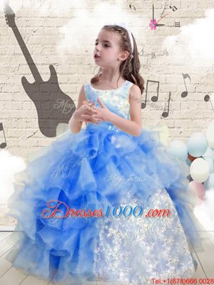 Baby Blue Ball Gowns Scoop Sleeveless Organza Floor Length Lace Up Beading and Ruffles Child Pageant Dress