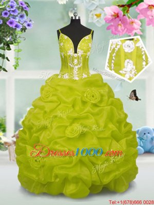 Yellow Green Lace Up Party Dress for Girls Beading and Pick Ups Sleeveless Floor Length