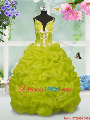 Yellow Green Lace Up Party Dress for Girls Beading and Pick Ups Sleeveless Floor Length