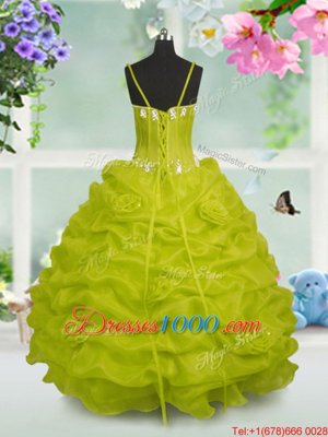 Yellow Green Lace Up Party Dress for Girls Beading and Pick Ups Sleeveless Floor Length