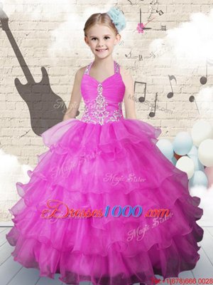 Halter Top Sleeveless Floor Length Beading and Ruffled Layers Lace Up Party Dress for Toddlers with Fuchsia
