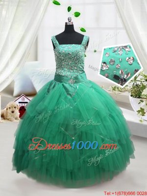 Turquoise Tulle Lace Up Straps Sleeveless Floor Length Party Dress Wholesale Beading and Ruffles