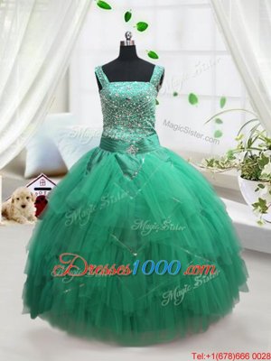 Turquoise Tulle Lace Up Straps Sleeveless Floor Length Party Dress Wholesale Beading and Ruffles