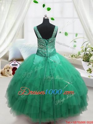 Turquoise Tulle Lace Up Straps Sleeveless Floor Length Party Dress Wholesale Beading and Ruffles