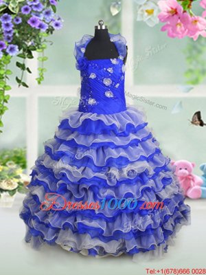 Royal Blue Lace Up Straps Beading and Appliques and Ruffled Layers Little Girl Pageant Gowns Organza Sleeveless