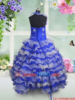 Royal Blue Lace Up Straps Beading and Appliques and Ruffled Layers Little Girl Pageant Gowns Organza Sleeveless