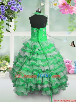 Ball Gowns Organza Straps Sleeveless Beading and Appliques and Ruffled Layers Floor Length Lace Up Womens Party Dresses
