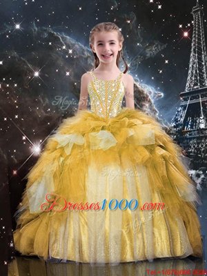 Floor Length Gold Little Girls Pageant Dress Tulle Sleeveless Beading and Ruffled Layers