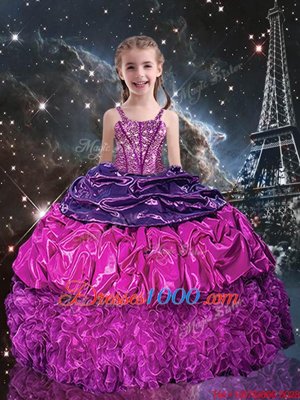 Spaghetti Straps Sleeveless Party Dresses Floor Length Beading and Ruffles and Pick Ups Purple Organza