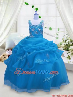 Simple Aqua Blue Lace Up Straps Beading and Pick Ups Kids Pageant Dress Organza Sleeveless