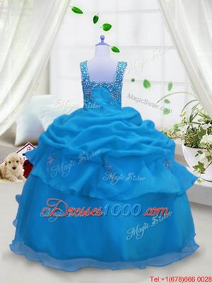 Simple Aqua Blue Lace Up Straps Beading and Pick Ups Kids Pageant Dress Organza Sleeveless