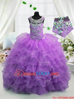 Lavender Ball Gowns Organza Scoop Sleeveless Beading and Ruffled Layers Floor Length Lace Up Kids Pageant Dress