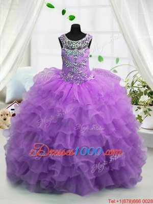 Lavender Ball Gowns Organza Scoop Sleeveless Beading and Ruffled Layers Floor Length Lace Up Kids Pageant Dress