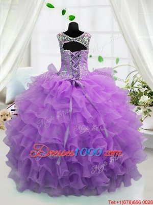 Lavender Ball Gowns Organza Scoop Sleeveless Beading and Ruffled Layers Floor Length Lace Up Kids Pageant Dress