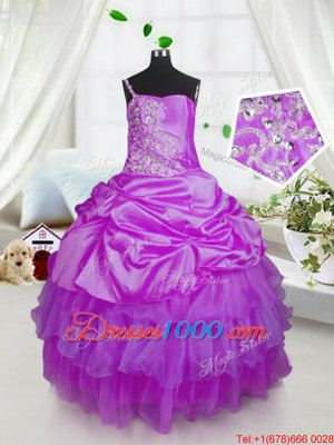 Modern One Shoulder Sleeveless Satin and Tulle Floor Length Lace Up Pageant Gowns For Girls in Lavender for with Beading and Ruffled Layers and Pick Ups