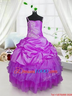 Modern One Shoulder Sleeveless Satin and Tulle Floor Length Lace Up Pageant Gowns For Girls in Lavender for with Beading and Ruffled Layers and Pick Ups