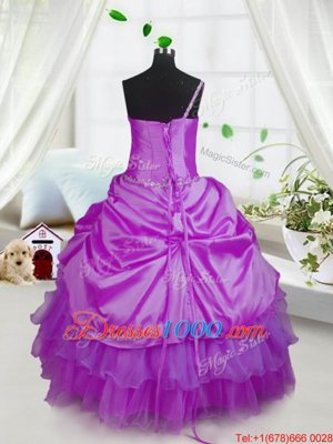 Modern One Shoulder Sleeveless Satin and Tulle Floor Length Lace Up Pageant Gowns For Girls in Lavender for with Beading and Ruffled Layers and Pick Ups