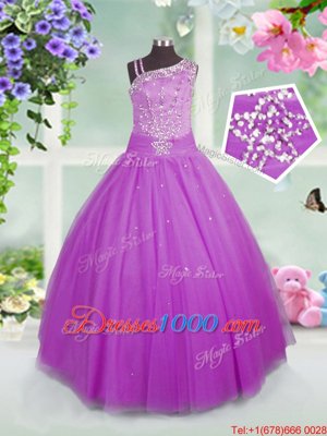 Dazzling Lilac Ball Gowns Asymmetric Sleeveless Tulle Floor Length Lace Up Beading Little Girl Pageant Gowns
