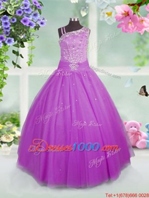 Dazzling Lilac Ball Gowns Asymmetric Sleeveless Tulle Floor Length Lace Up Beading Little Girl Pageant Gowns