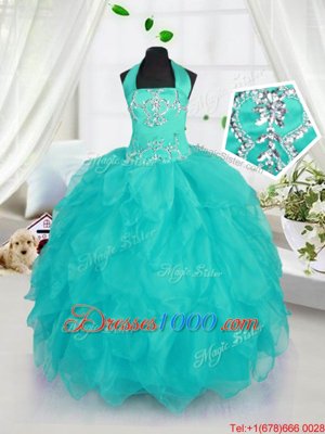 Exquisite Aqua Blue Halter Top Lace Up Beading Little Girl Pageant Gowns Sleeveless