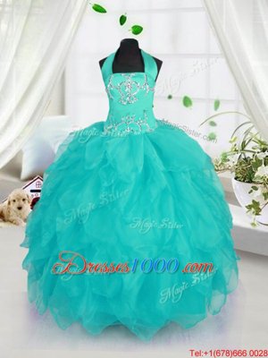 Exquisite Aqua Blue Halter Top Lace Up Beading Little Girl Pageant Gowns Sleeveless