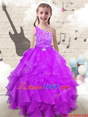 Fuchsia Organza Lace Up One Shoulder Sleeveless Floor Length Little Girls Pageant Dress Beading and Ruffles