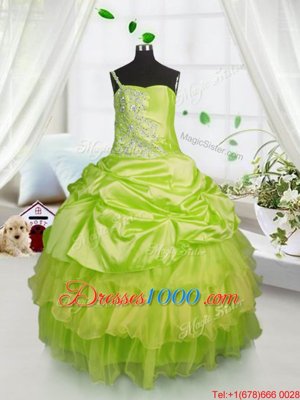 One Shoulder Floor Length Yellow Green Little Girl Pageant Gowns Satin and Tulle Sleeveless Beading and Ruffled Layers and Pick Ups