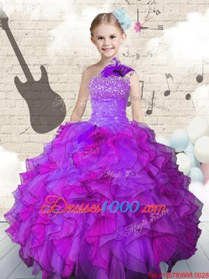 High End One Shoulder Floor Length Ball Gowns Sleeveless Purple Little Girls Pageant Gowns Lace Up