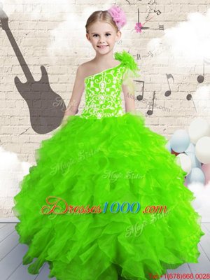 One Shoulder Sleeveless Party Dresses Floor Length Beading and Ruffles Organza