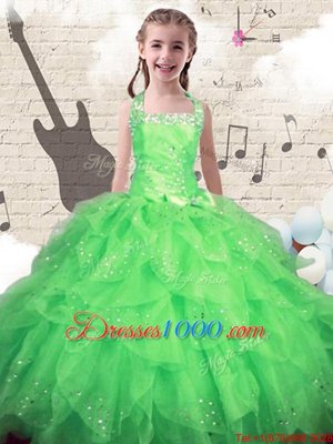 Halter Top Sleeveless Lace Up Floor Length Beading and Ruffles Little Girls Pageant Dress Wholesale